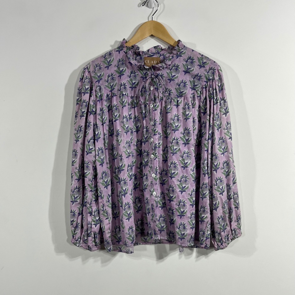 Clara The Label Preppy Feminine Floral Block Print Cotton Top Ruffle Large Boho